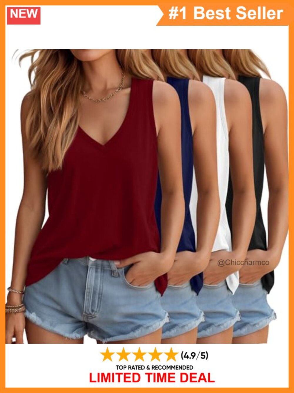 4 Pack Women's Sleeveless V-Neck Tank Tops Loose Fit Summer Casual Tops